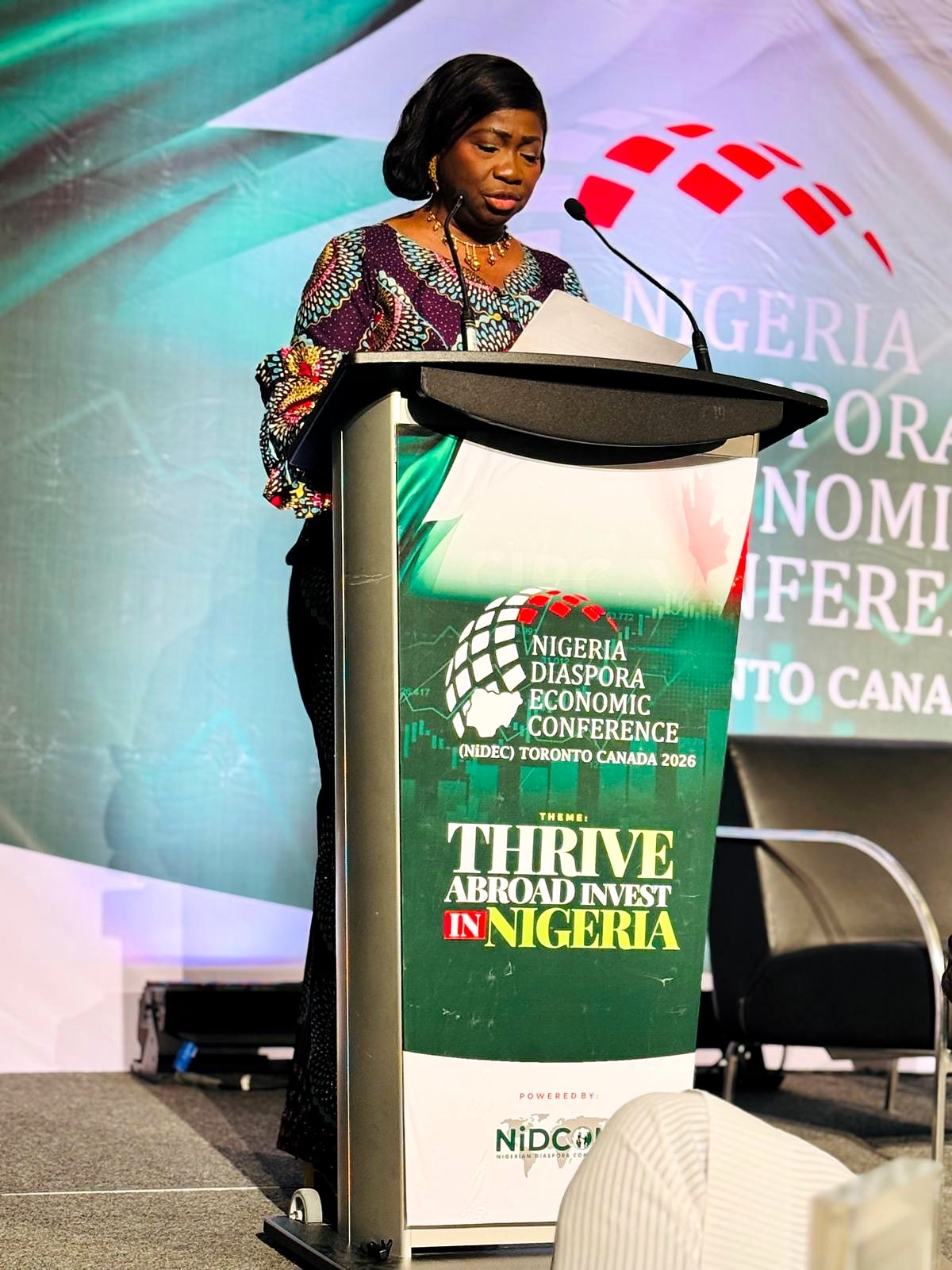 NiDCOM Chairman and CEO Abike Dabiri-Erewa addresses delegates at NIDEC 2026 in Toronto.