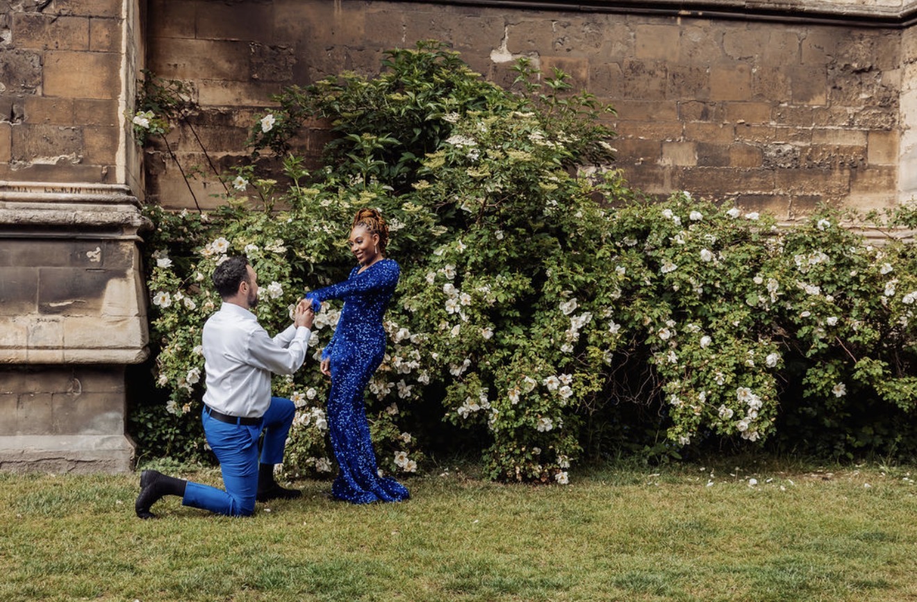 Elliott kneels before Gabriella during the couple’s pre-wedding shoot. Photograph: Thomasxphotography
