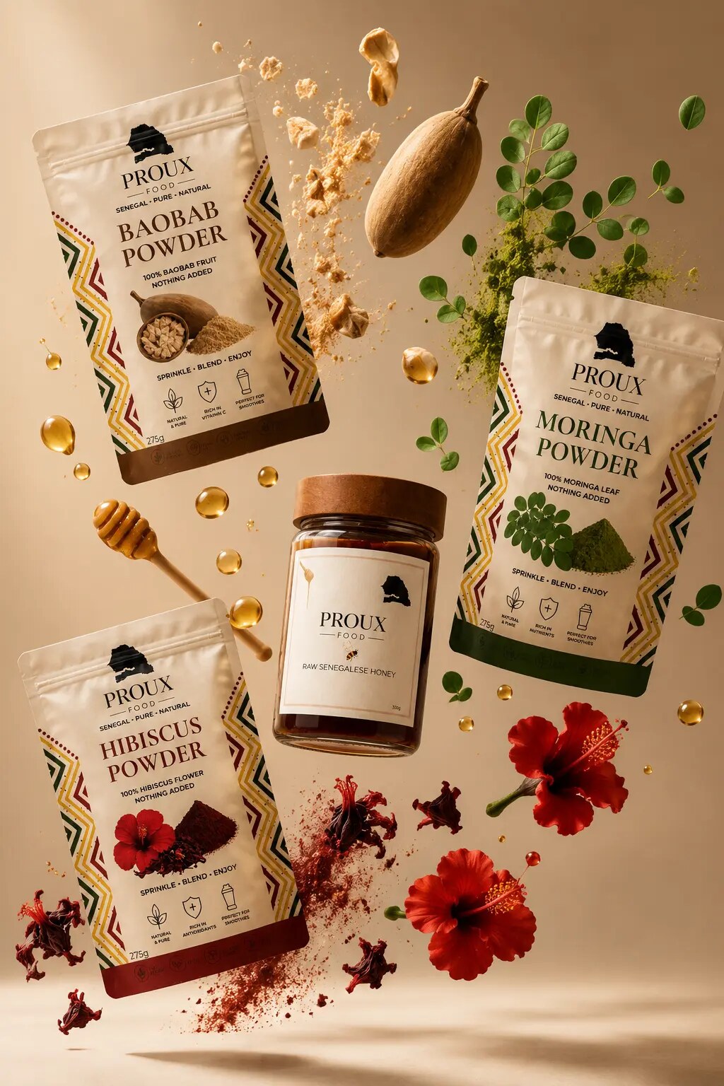 PROUX baobab, moringa and hibiscus powders with raw Senegalese honey. Image: PROUX